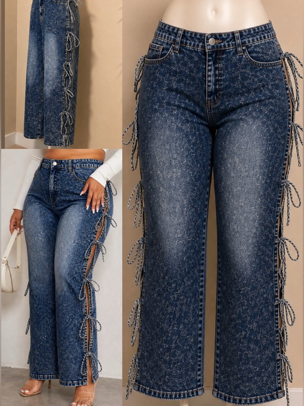 Plus Size 1XL Lace Up Side Split Jeans Acid Wash Curve Denim